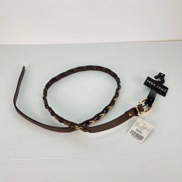 Wet Seal Skinny Brown Faux Leather Belt Gold Chain Detailing Size Small NEW - Picture 2 of 8